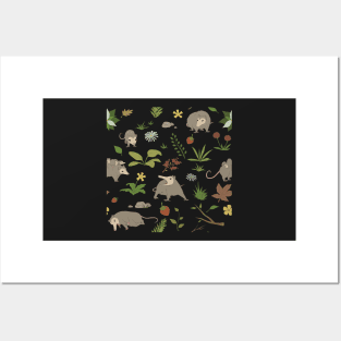 Possums in a Berry Field Pattern on Black Posters and Art